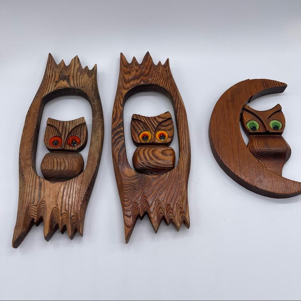Vintage Hand crafted Wooden Owl Wall Decor, Set of 3. Made in Montana